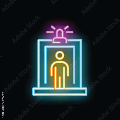 Glowing neon line icon of a person walking through a security metal detector gate with alarm going off