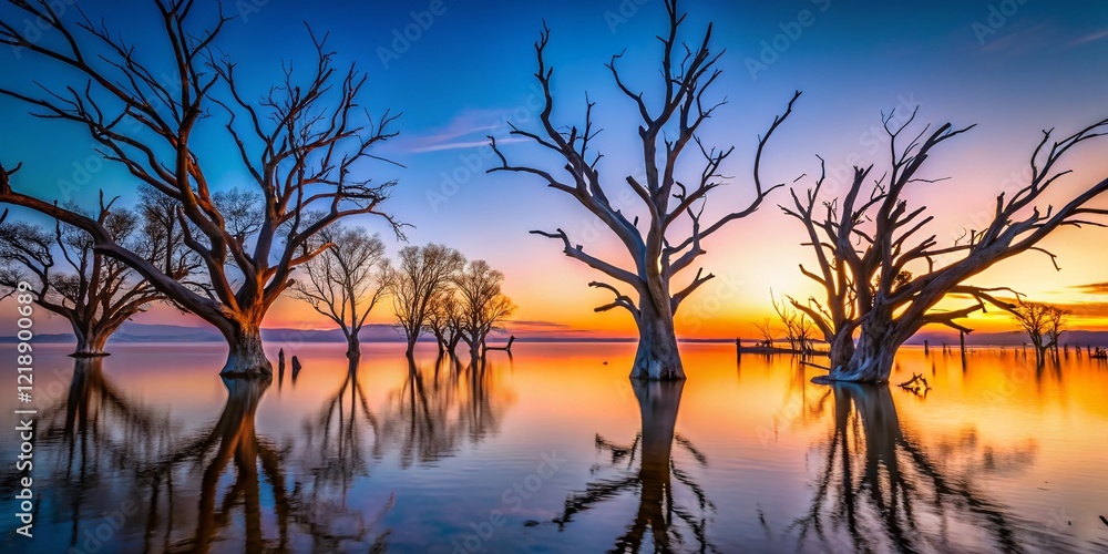 Dead Trees Emerging from Lake Bonney Dusk, South Australia - AI Macro Photography Dead Trees Emerging from Lake Bonney Dusk, South Australia - AI Macro Photography
