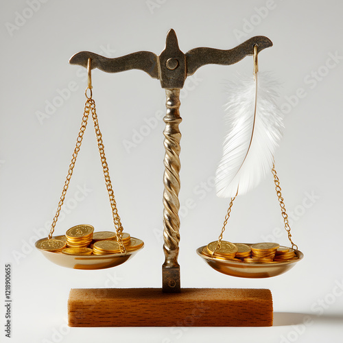 Weighing Values: A delicate balance scale, showcasing a pile of golden coins on one side and a single white feather on the other. photo