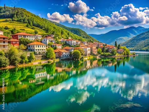 Debar Lake Summer Scenery, North Macedonia Mountains, European Landscape photo