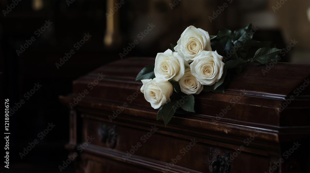 Obraz premium Elegant dark wood coffin in a chapel, with delicate white roses placed on the lid