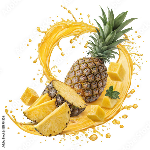 Fresh pineapple with splashes of juice and yellow cubes . on transparent cutout, PNG file photo