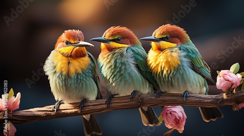 Three Colorful Birds Perched on a Branch with Flowers in Soft Light photo