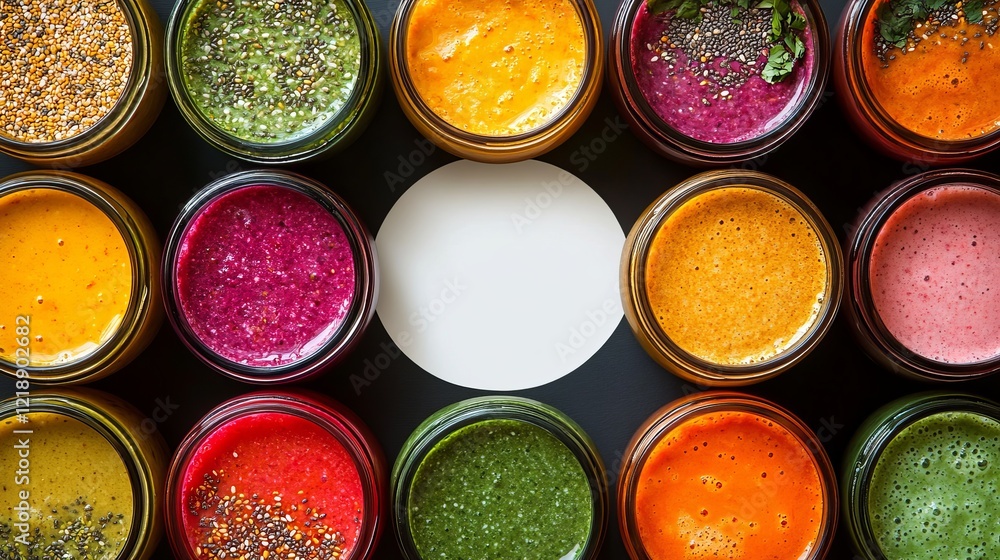 Vibrant Circle of Colorful Smoothies Displayed in a Stunning Arrangement Showcasing Fresh Fruits and Vegetables Capturing the Essence of Health and Wellness in a Bright Inviting Atmosphere