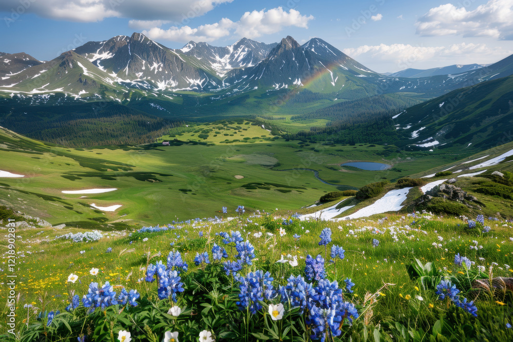 Obraz premium A breathtaking mountain valley with lush green fields, snow-capped peaks, and a vibrant rainbow. The foreground is filled with blooming wildflowers, 