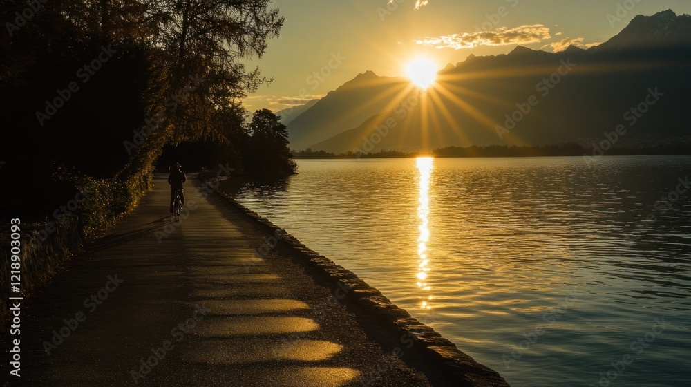 Obraz premium Sunset Cycling by the Lake: A Serene Golden Hour