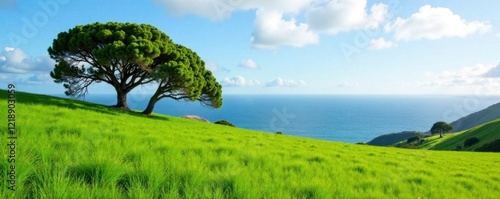 Green field and eucalyptus trees in north coast of Ponta de Sao Lourenco Madeira, eucalyptus, madeira photo