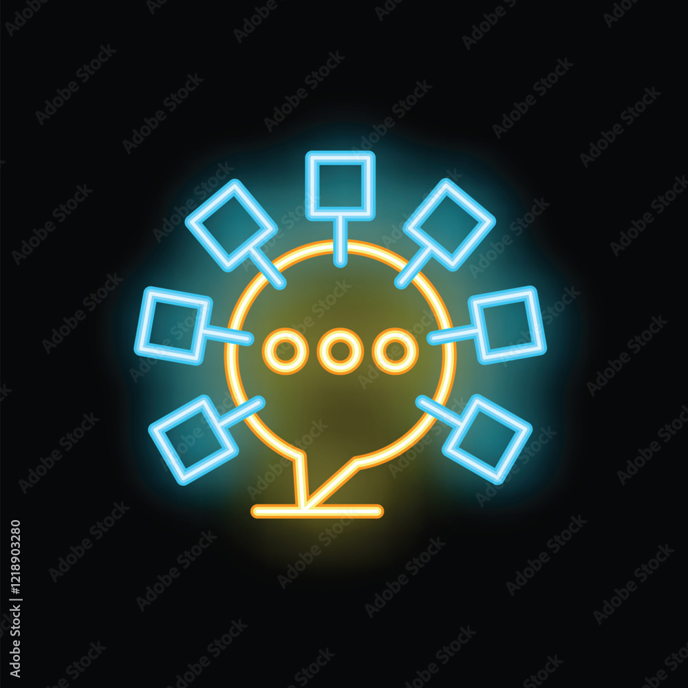Neon icon representing online communication with a speech bubble connecting devices Neon icon representing online communication with a speech bubble connecting devices