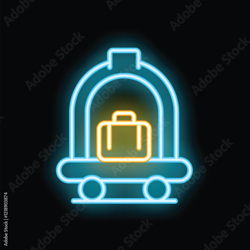 Bright neon luggage cart with a suitcase on it, glowing on a dark background