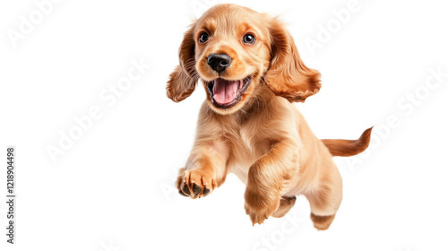 Playful Cocker Spaniel Puppy with Floppy Ears and Bright Eyes Joyfully Leaping in the Air Against a Clean White Background