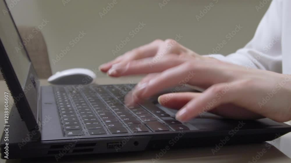 Closeup of woman typing on laptop at home. Work from home concept Closeup of woman typing on laptop at home. Work from home concept