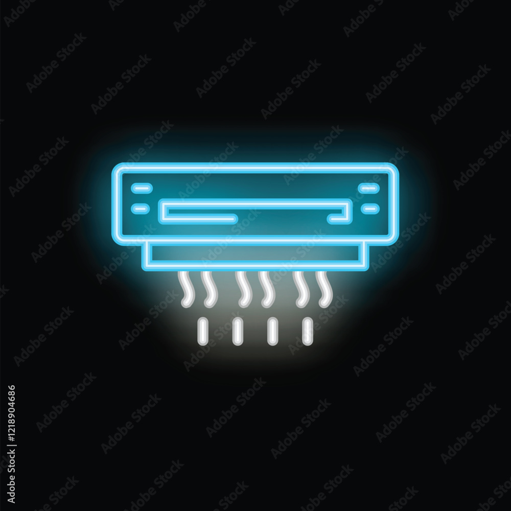 Blue neon icon of an air conditioner blowing cold air on a black background Blue neon icon of an air conditioner blowing cold air on a black background