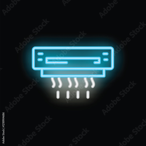 Blue neon icon of an air conditioner blowing cold air on a black background