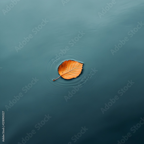 Floating Leaf, Serene Reflection: A solitary autumn leaf, tinged with warm hues of orange and brown, floats gracefully on the surface of a tranquil blue pond.