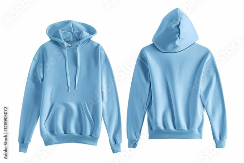 Light blue hoodie with drawstring hood featuring front and back views on a white background. photo