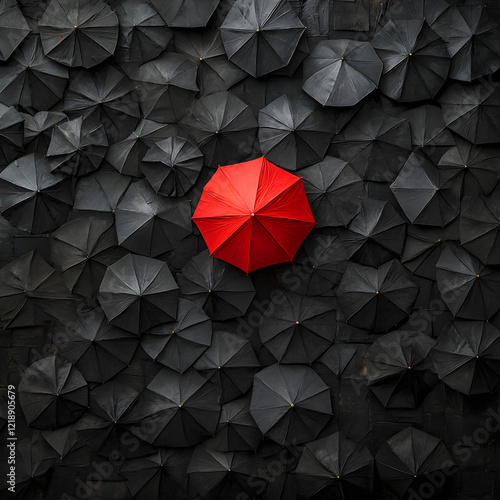 Red Umbrella in a Sea of Black: A striking, minimalist image of a solitary bright red umbrella standing out amongst a multitude of black umbrellas. A visual metaphor for standing out, individuality.