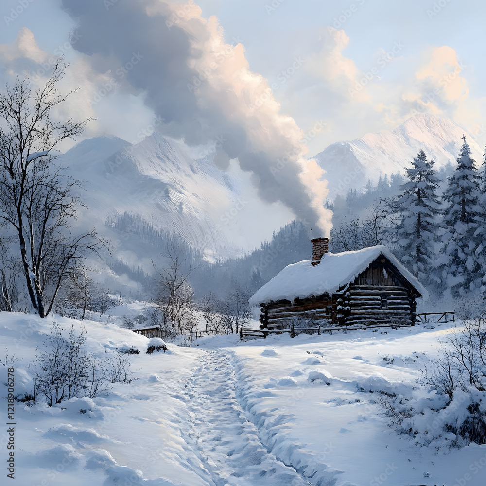 Winter Cabin in Snowy Mountains: A picturesque log cabin nestled in a snow-covered mountain valley, smoke curling from its chimney, evokes a sense of warmth, peace, and winter wonderland. Winter Cabin in Snowy Mountains: A picturesque log cabin nestled in a snow-covered mountain valley, smoke curling from its chimney, evokes a sense of warmth, peace, and winter wonderland.