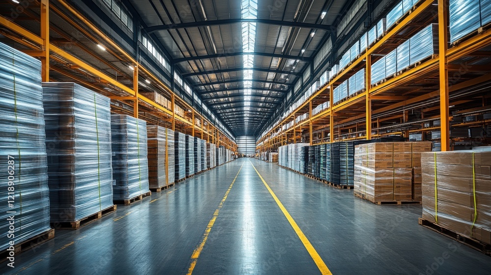 Fototapeta premium A wide view of a modern warehouse filled with stacked pallets and organized shelving