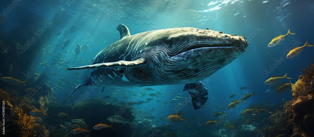 Fototapeta premium Whale swimming underwater in deep blue ocean. Predatory Deep