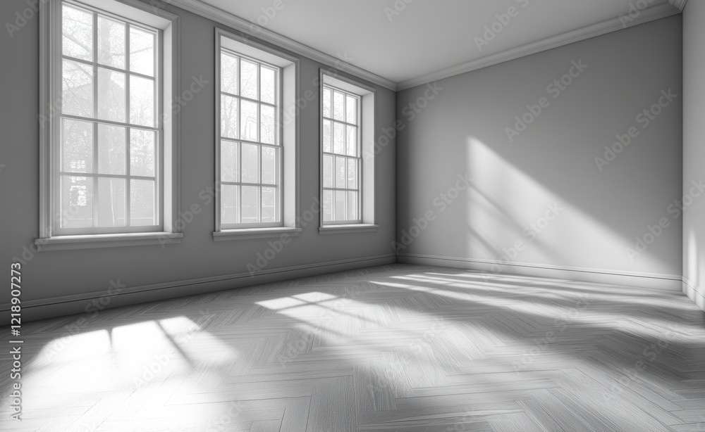 Fototapeta premium This 3D render showcases a classical empty interior with wooden flooring and gray walls