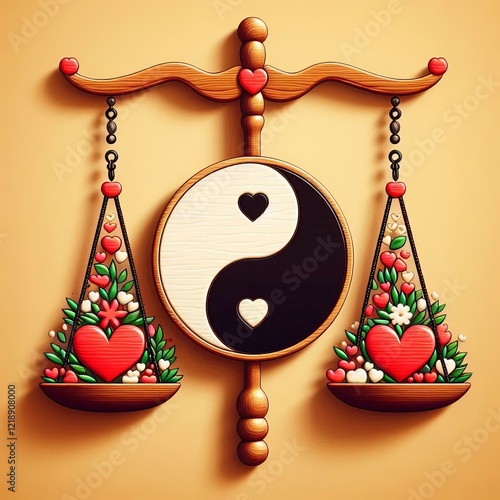 Yin yang balance scale with hearts A balance scale with yin yang