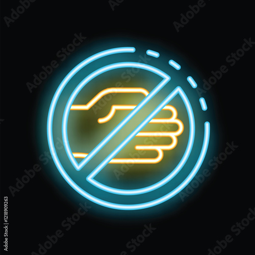 Neon sign representing no handshake policy with crossed out shaking hands for public health reasons