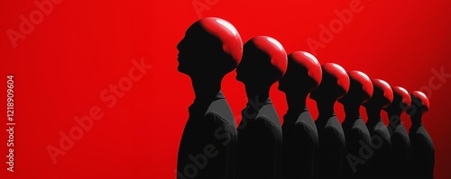 Silhouettes with bright red heads stand in a row against a bold red backdrop. The contrast evokes themes of identity and uniformity, inviting reflection on individuality. photo