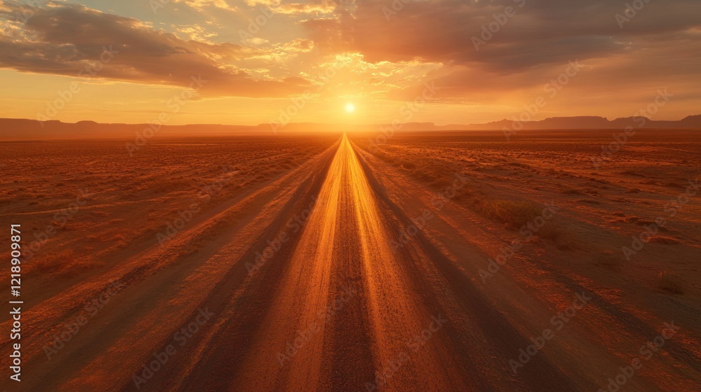 Fototapeta premium Sunset Road to Horizon: A Desert Highway at Golden Hour