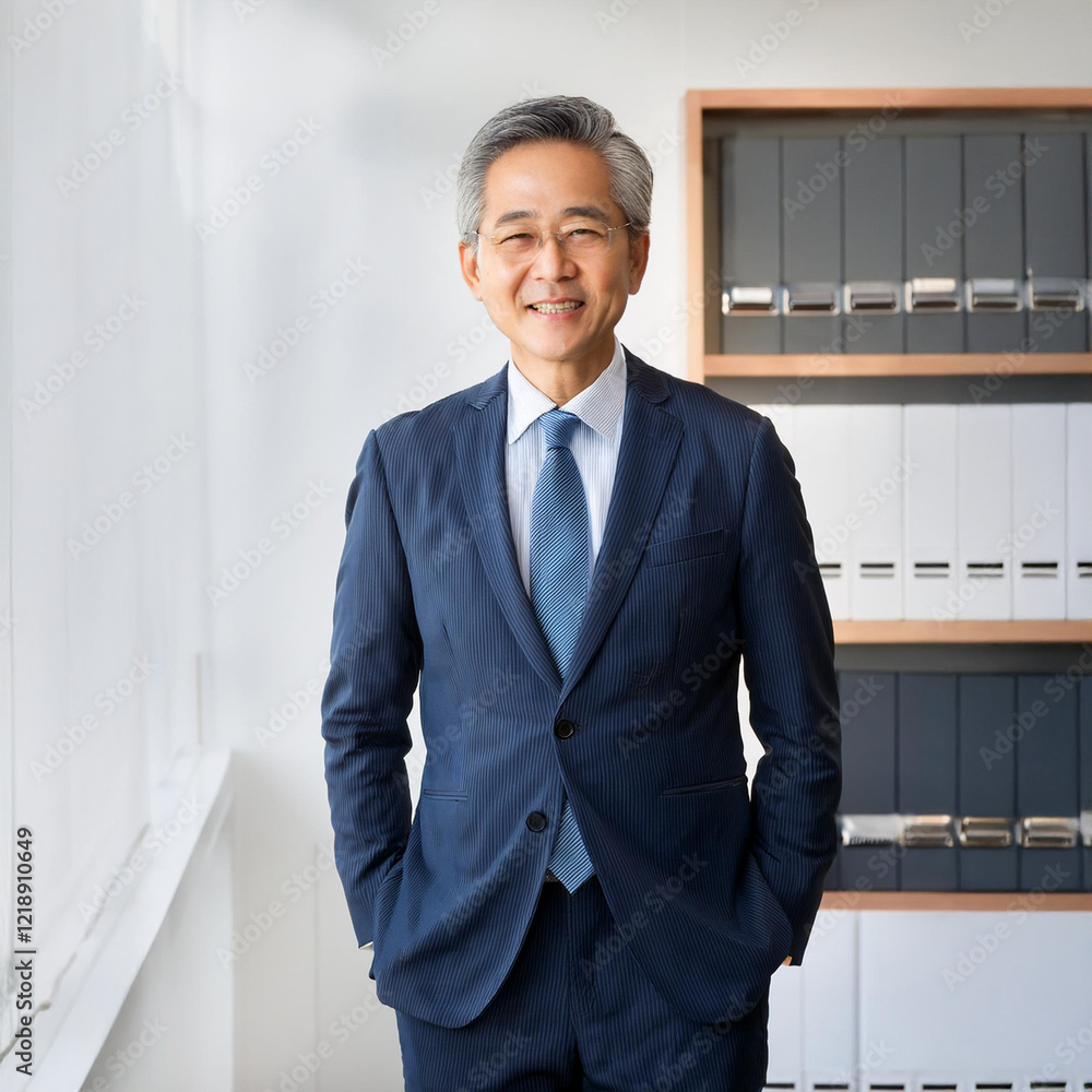 オフィスで撮影された笑顔の50代～60代のビジネスマンのポートレート（Portrait of a smiling businessman in his 50s or 60s photographed in an office）
