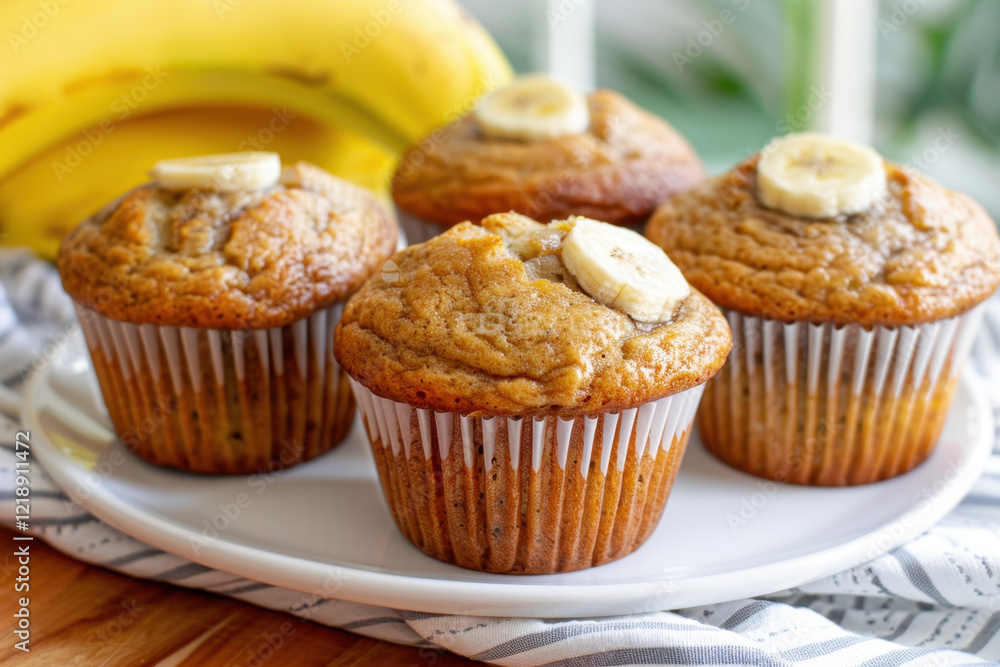 Freshly baked banana muffins placed on a textured surface, accompanied by banana slices and ripe bananas in the background. A delicious and wholesome homemade treat perfect for any time of day.
Freshly baked banana muffins placed on a textured surface, accompanied by banana slices and ripe bananas in the background. A delicious and wholesome homemade treat perfect for any time of day.