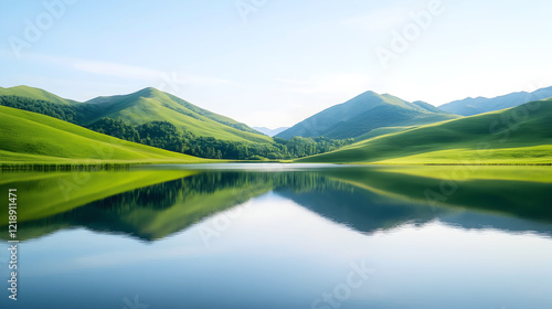 A breathtaking landscape of rolling green hills reflected in a calm lake under a clear blue sky, perfect for travel promotions, nature wallpapers, eco-friendly marketing materials. Selective focus