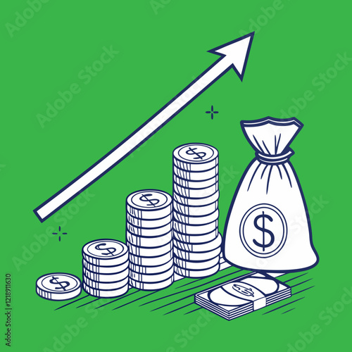 Financial growth chart, stacks of gold coins.