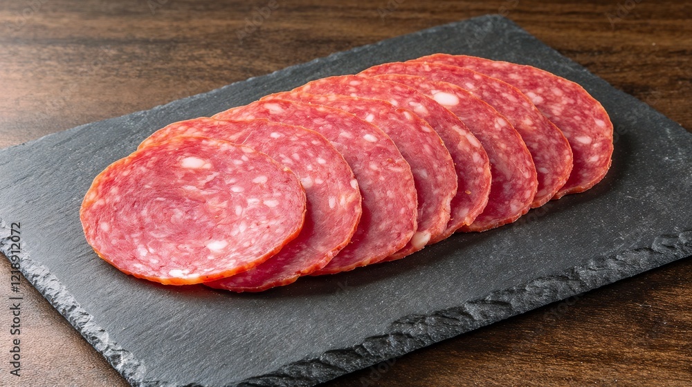 Thinly sliced sucuk sausage arranged on a black slate board Thinly sliced sucuk sausage arranged on a black slate board