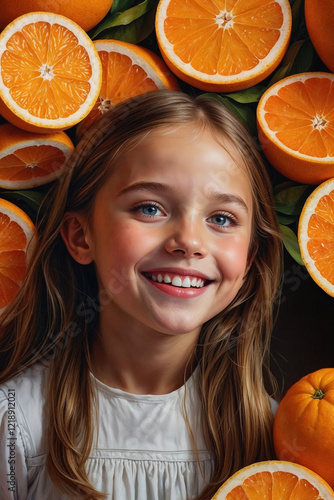 Smiling girl surrounded by fresh oranges in a vibrant display of citrus fruits