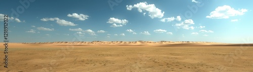 A vast desert landscape under a bright blue sky, featuring rolling sand dunes and scattered clouds.