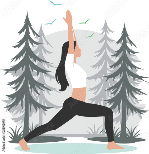 Hand drawn illustration with beautiful young girl practicing yoga in the morning time