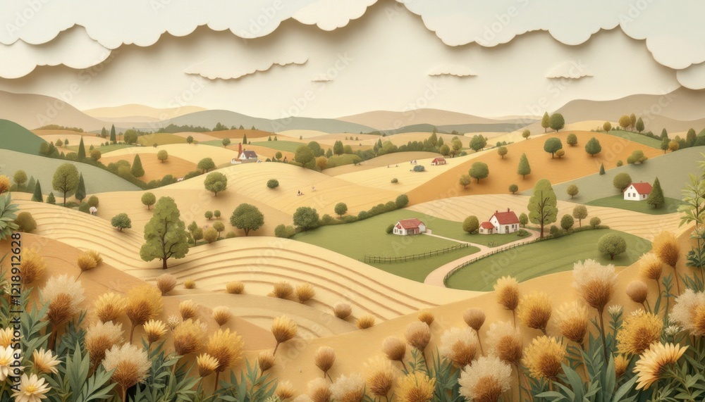 Naklejka premium Serene countryside landscape with rolling hills and farmhouses under partly cloudy skies