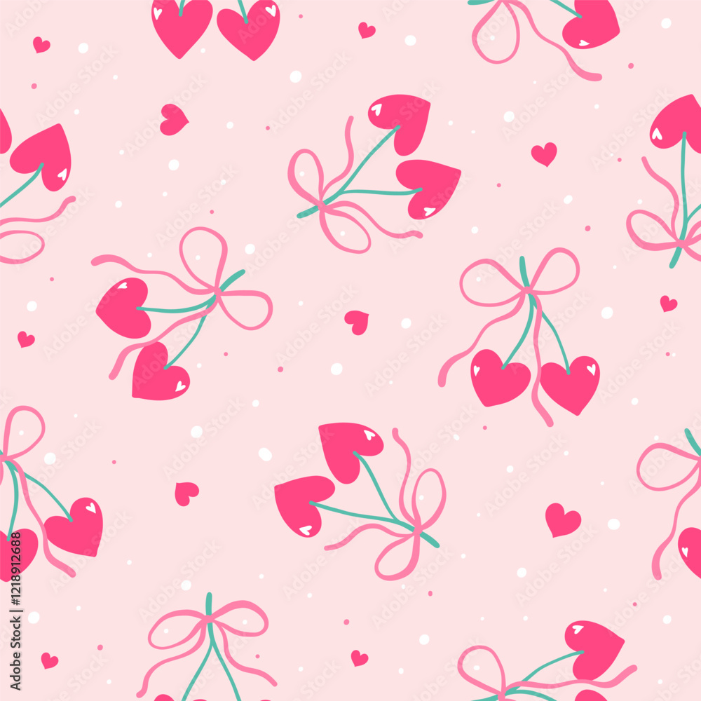 Cute retro cherry heart valentine seamless pattern Girly trendy background Cute retro cherry heart valentine seamless pattern Girly trendy background