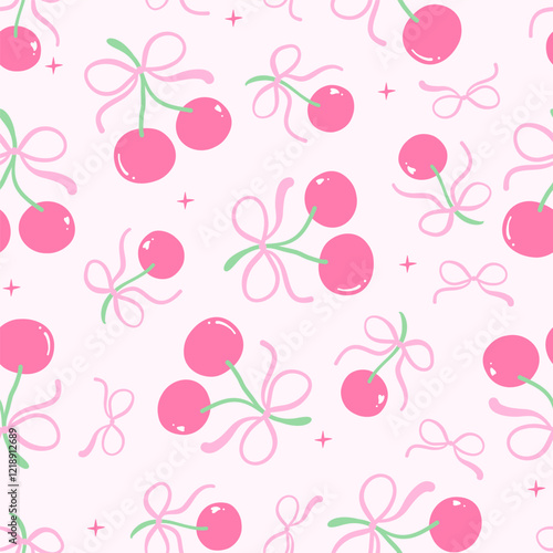 Cute pink coquette cherry bow seamless pattern Trendy girly background
