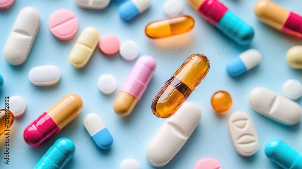 Multi-colored pills and capsules of drugs flying in all directions Multi-colored pills and capsules of drugs flying in all directions