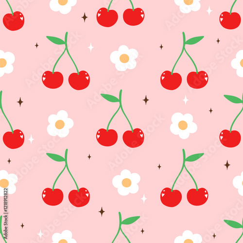 Retro cherry with flower seamless pattern Summer fruit Trendy girly background