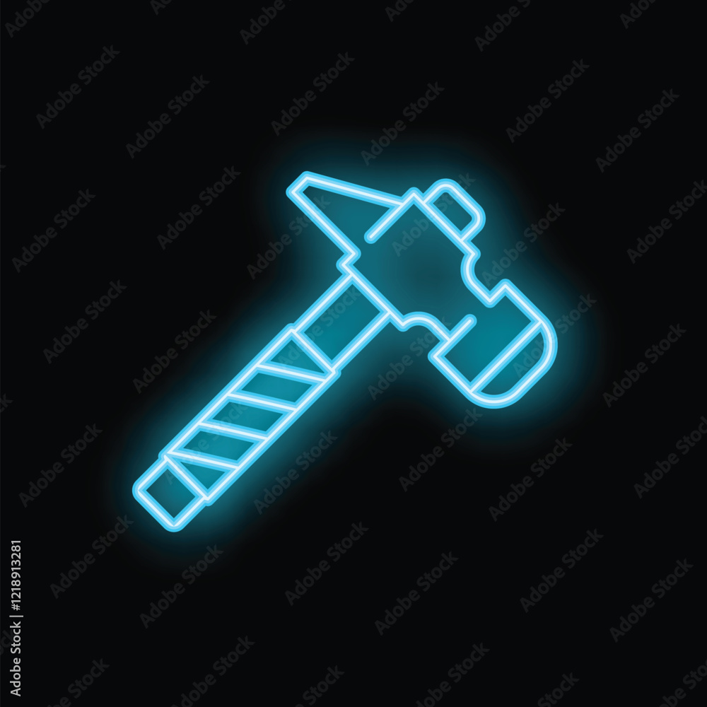 Blue neon sign of a hammer tool glowing on a black background, construction tool concept Blue neon sign of a hammer tool glowing on a black background, construction tool concept
