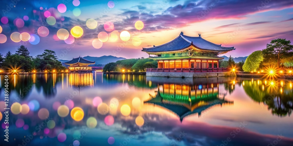Obraz premium Donggung Palace & Wolji Pond (Anapji) Bokeh AI Photo, Korean Landscape, Tranquil Beauty, Ancient Architecture, Serene Scenery
