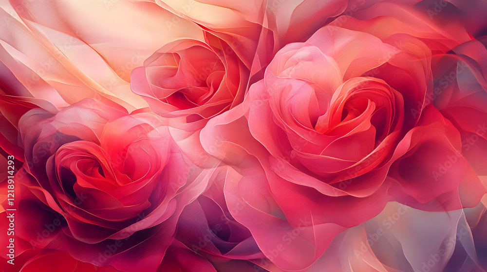 An abstract design featuring a mix of red and pink rose patterns, surrounded by swirling lines and soft gradients, evoking emotions of romance and elegance. An abstract design featuring a mix of red and pink rose patterns, surrounded by swirling lines and soft gradients, evoking emotions of romance and elegance.