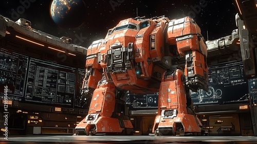 Fototapeta Naklejka Na Ścianę i Meble -  Massive Orange Mech Stands in Space Station Hangar