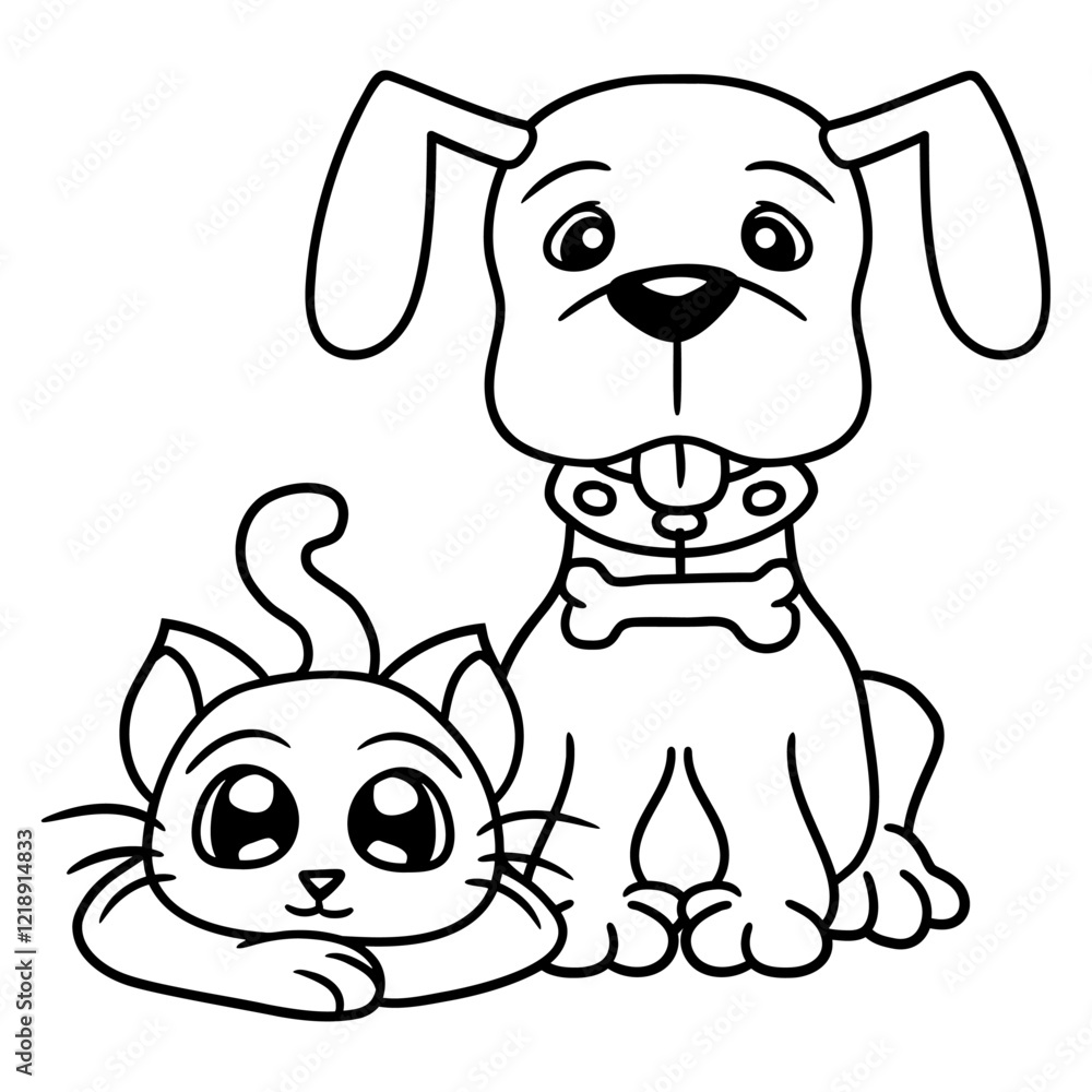 Obraz premium Dog Cat Two Friends Team 2 Kitten Puppy Duo Crew Design Lover Art Vector Illustration Card T-Shirt Poster Sticker Graphic Print Decorative Drawing Isolated Logo Decoration Symbol Creative Cool Style 