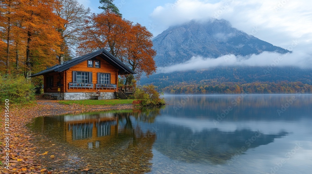 Autumn lake cabin, mountain reflection, misty backdrop, postcard Autumn lake cabin, mountain reflection, misty backdrop, postcard