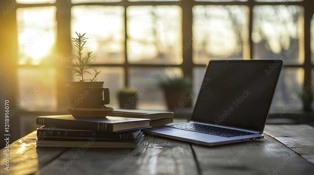 Fototapeta premium Books and laptop on a wooden table, radiating warmth and focus in golden light.
