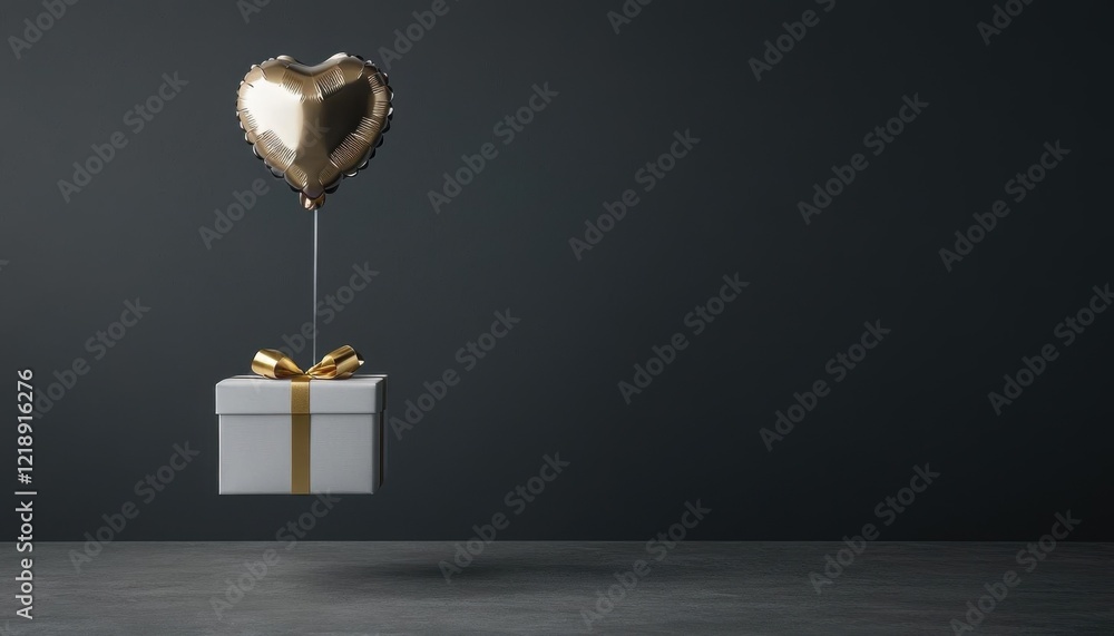 Fototapeta premium Elegant gift boxes with gold accents and a single heart balloon hovering above