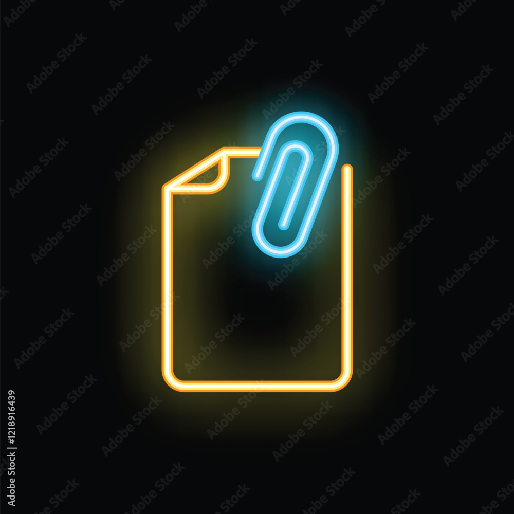 Neon icon of a paper document with an attached paperclip, glowing on a black background Neon icon of a paper document with an attached paperclip, glowing on a black background